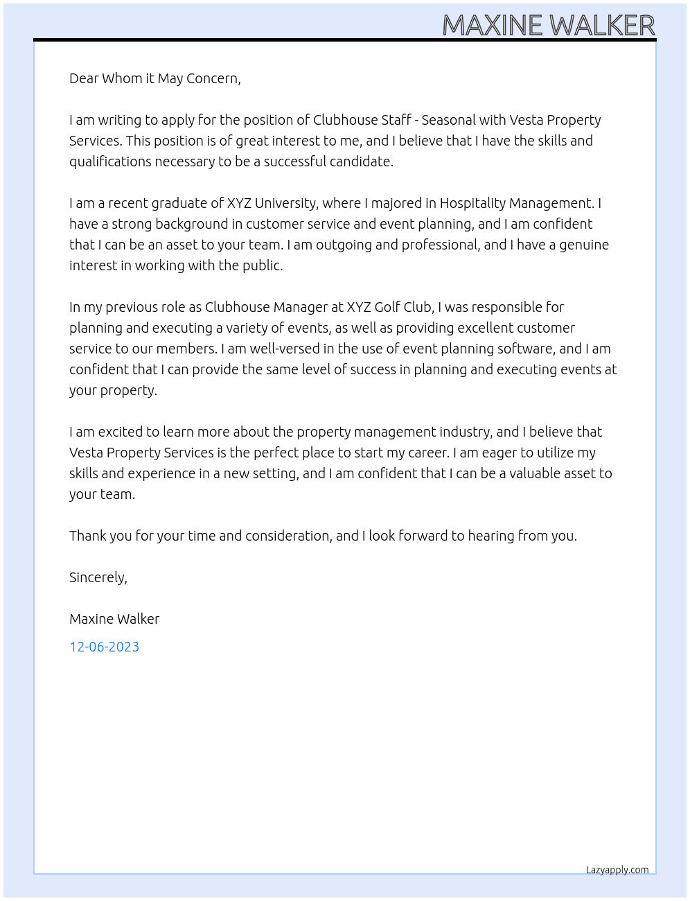 Clubhouse Staff - Seasonal At Vesta Property Services Cover Letter
