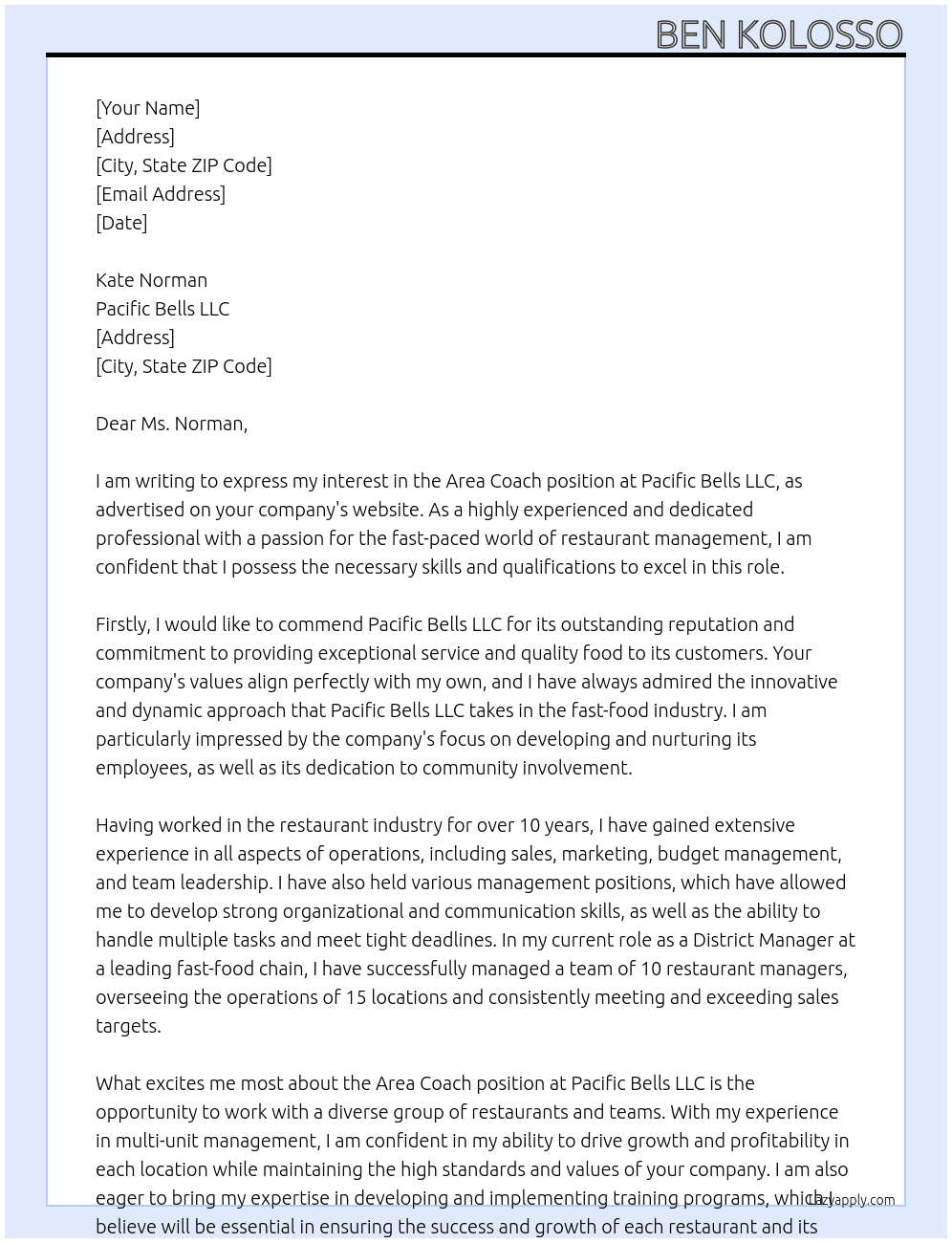 Area Coach At Pacific Bells LLC Cover Letter
