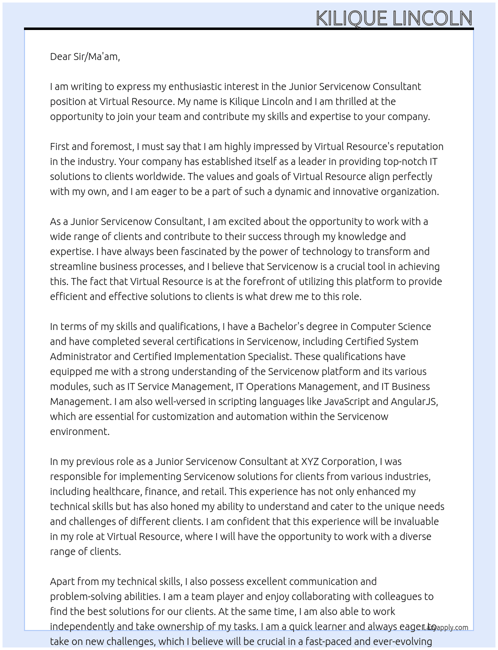 Junior Servicenow Consultant At Virtual Resource Cover Letter