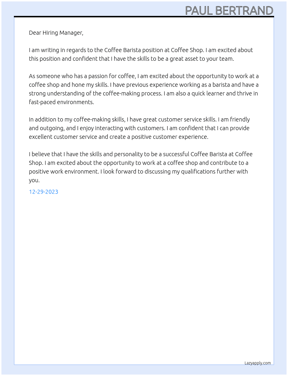 Coffee Barista At Coffee Shop Cover Letter