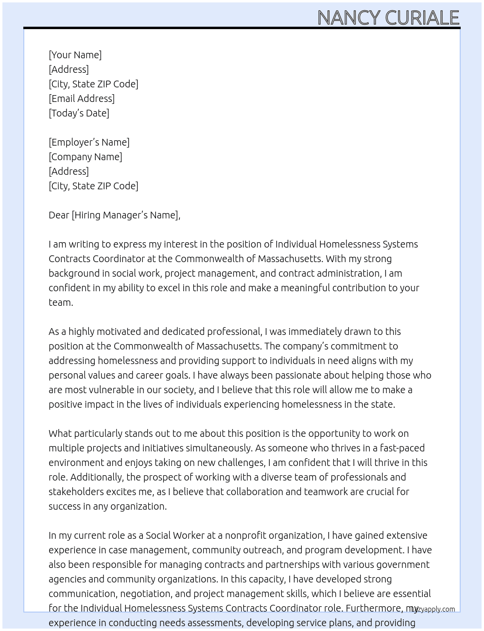 Individual Homelessness Systems Contracts Coordinator At commonwealth of massachusetts Cover Letter