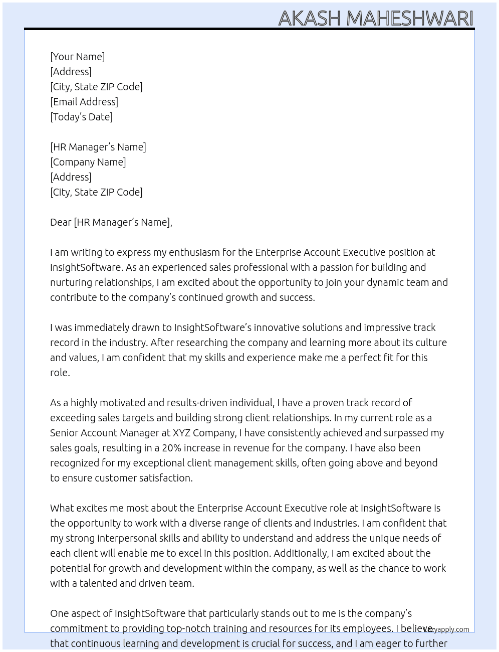 Enterprise Account Executive At InsightSoftware Cover Letter