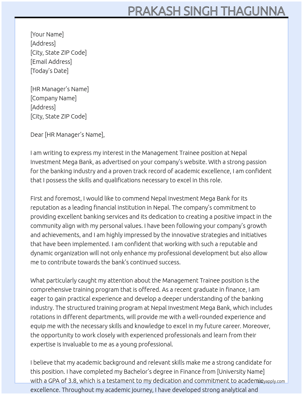 Management trainee At Nepal Investment Mega Bank  Cover Letter