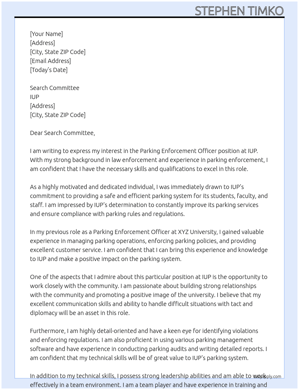 Parking Enforcment Officer At IUP Cover Letter