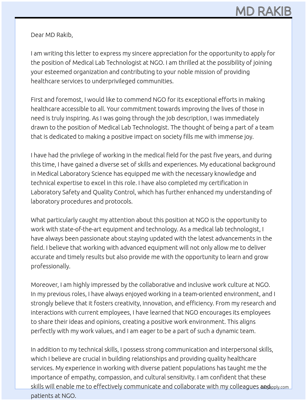 medical lab technologist At ngo Cover Letter