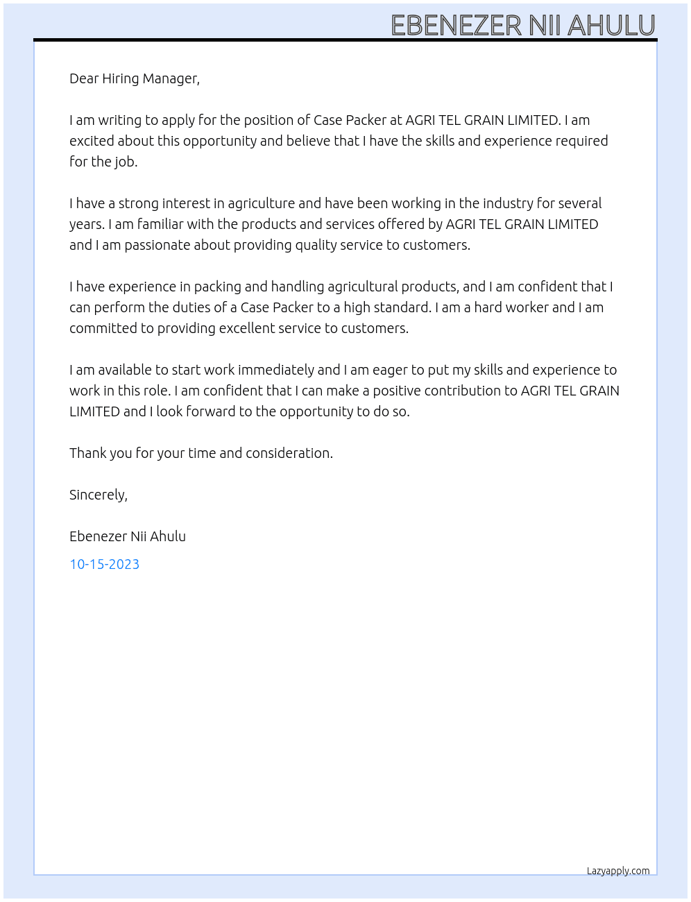 Case packer At AGRI TEL GRAIN LIMITED Cover Letter