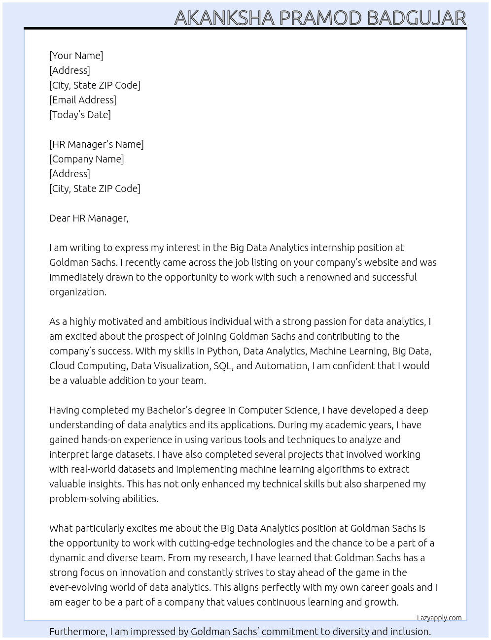 Big data analytics At Goldman Saches Cover Letter