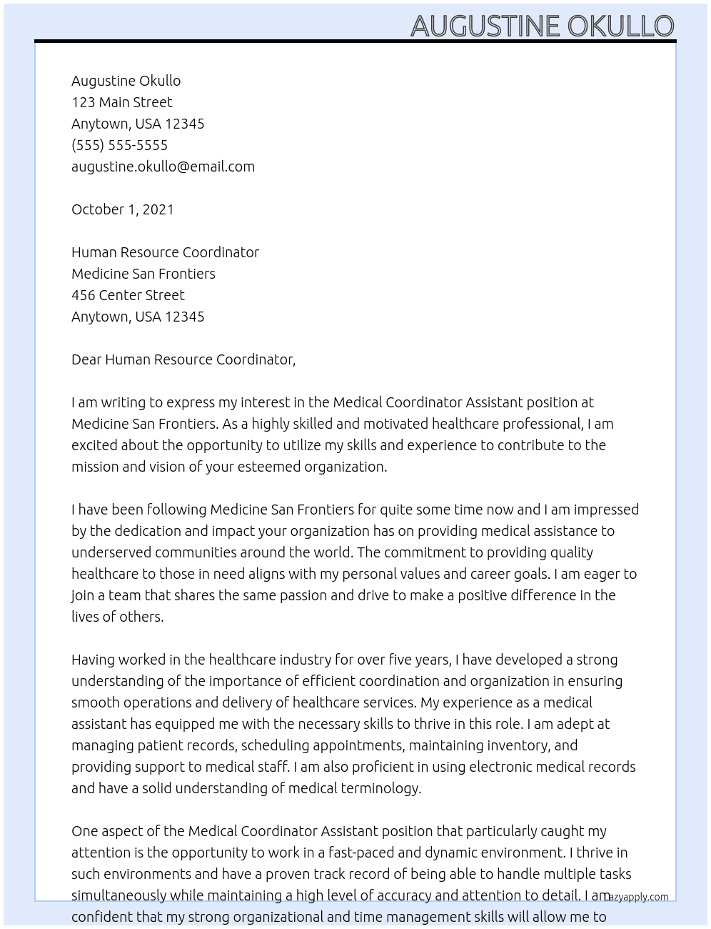 Medical Coordinator Assistant At medicine San Frontiers Cover Letter