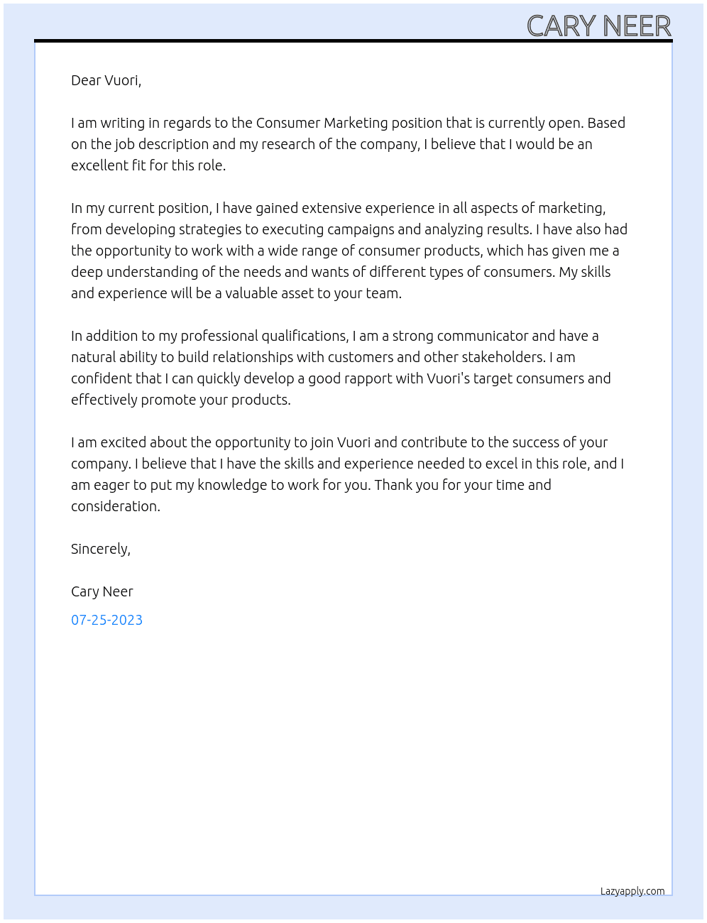  Consumer Marketing At Vuori Cover Letter