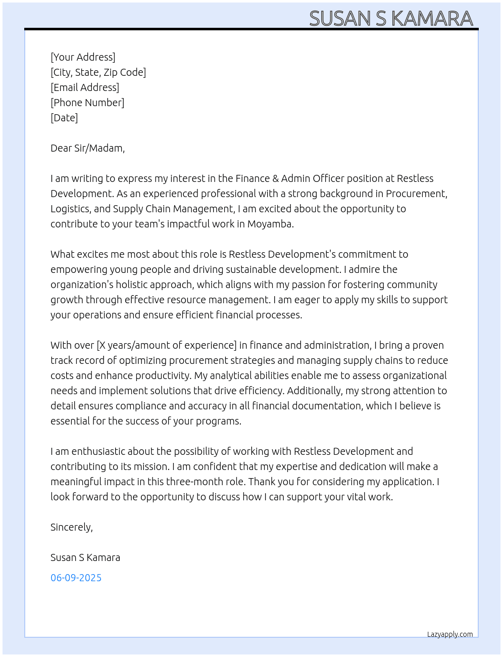 Finance & Admin Officer At Restless Development  Cover Letter
