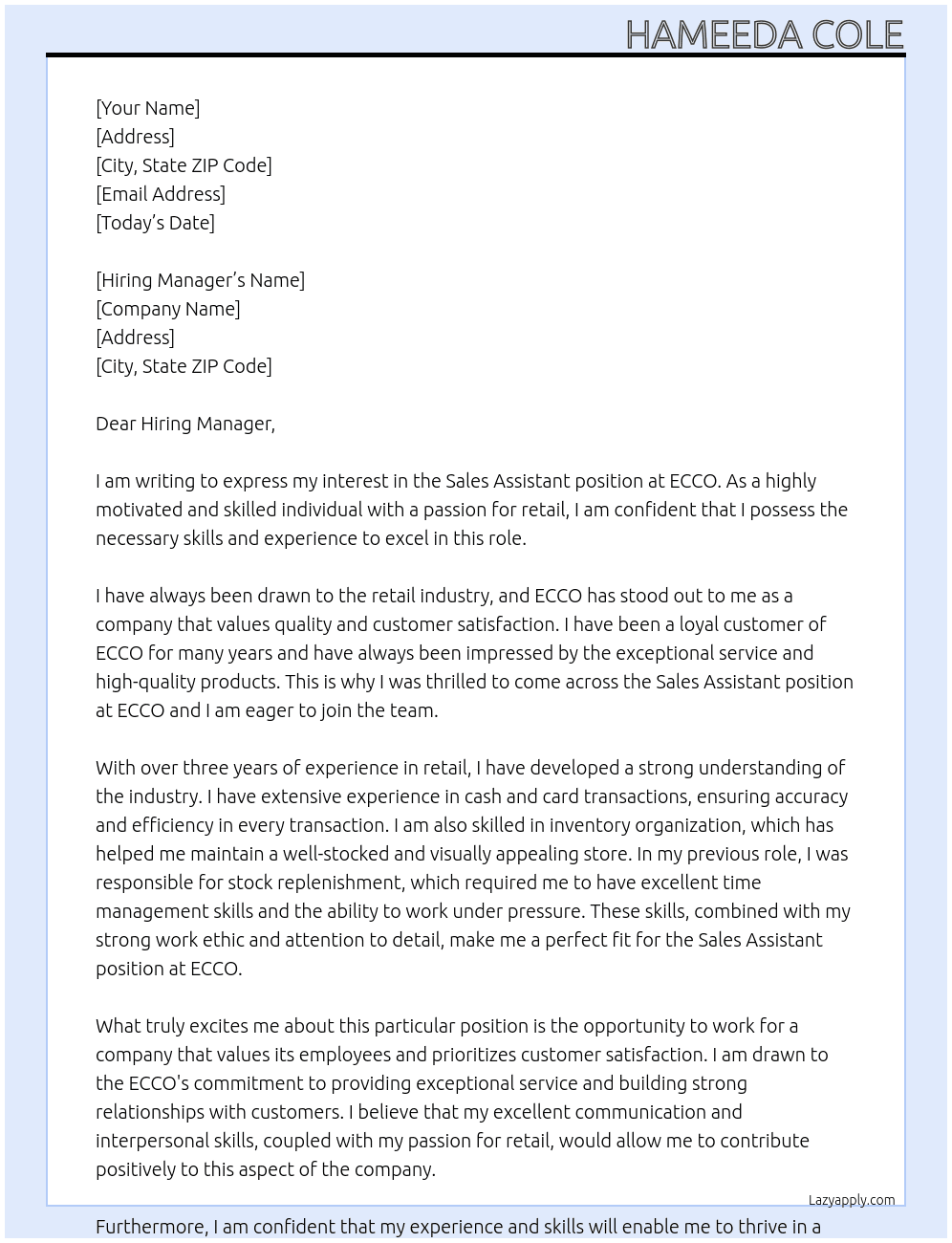 Sales Assistant  At ECCO Cover Letter