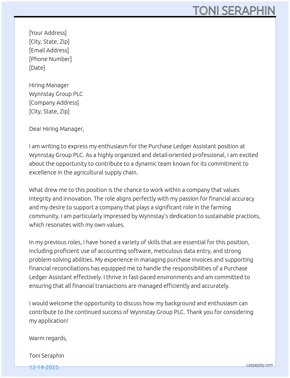Purchase ledger assistant At Wynnstay Group PLC Cover Letter