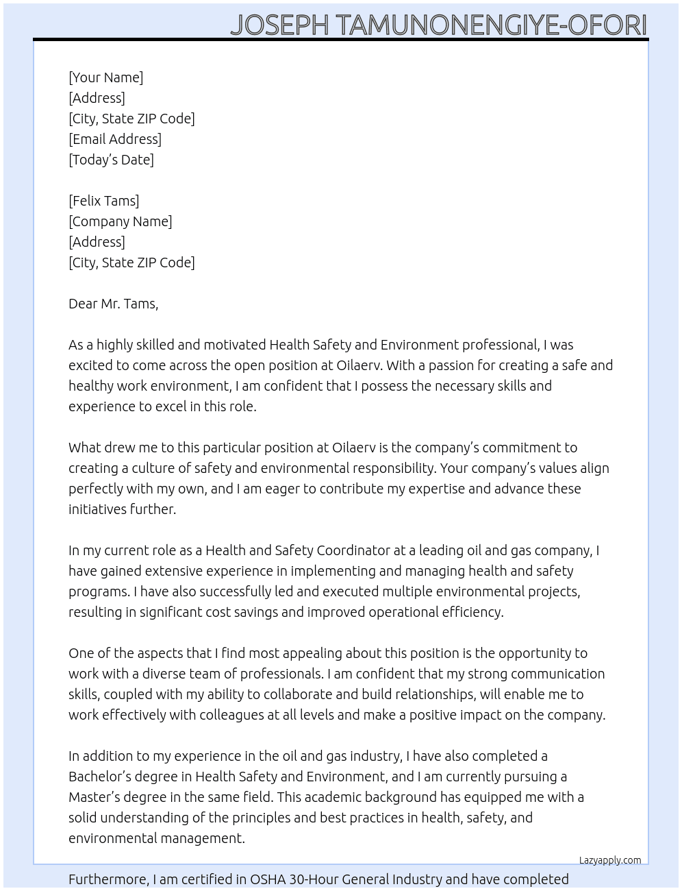 Health safety and environment At Oilaerv Cover Letter