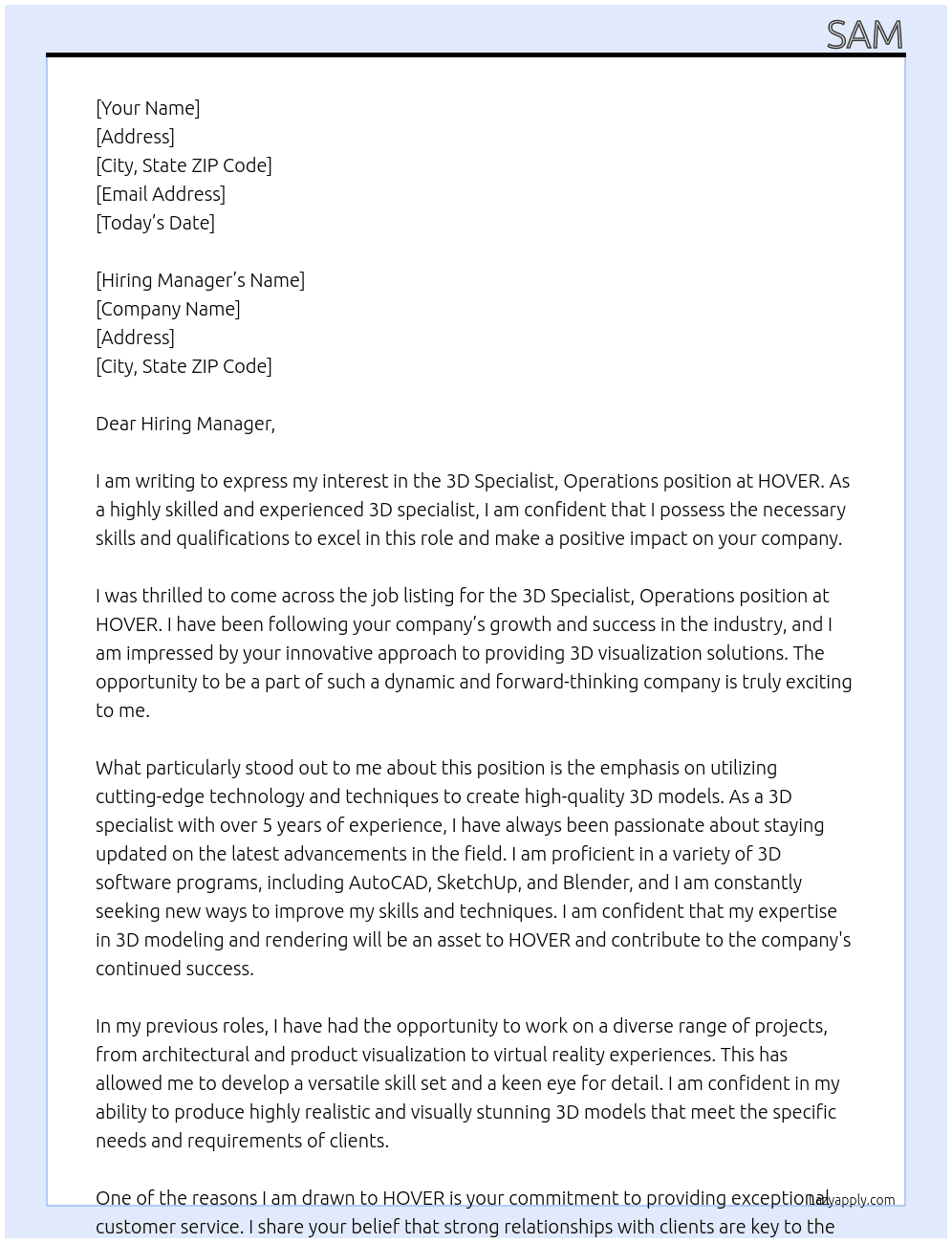 3D Specialist, Operations At HOVER Cover Letter