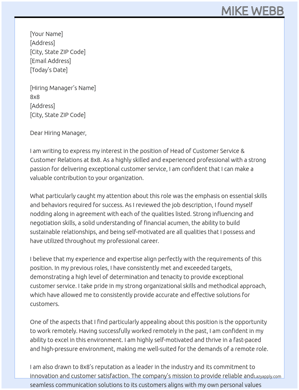Head of Customer Service & Customer Relations At 8x8 Cover Letter