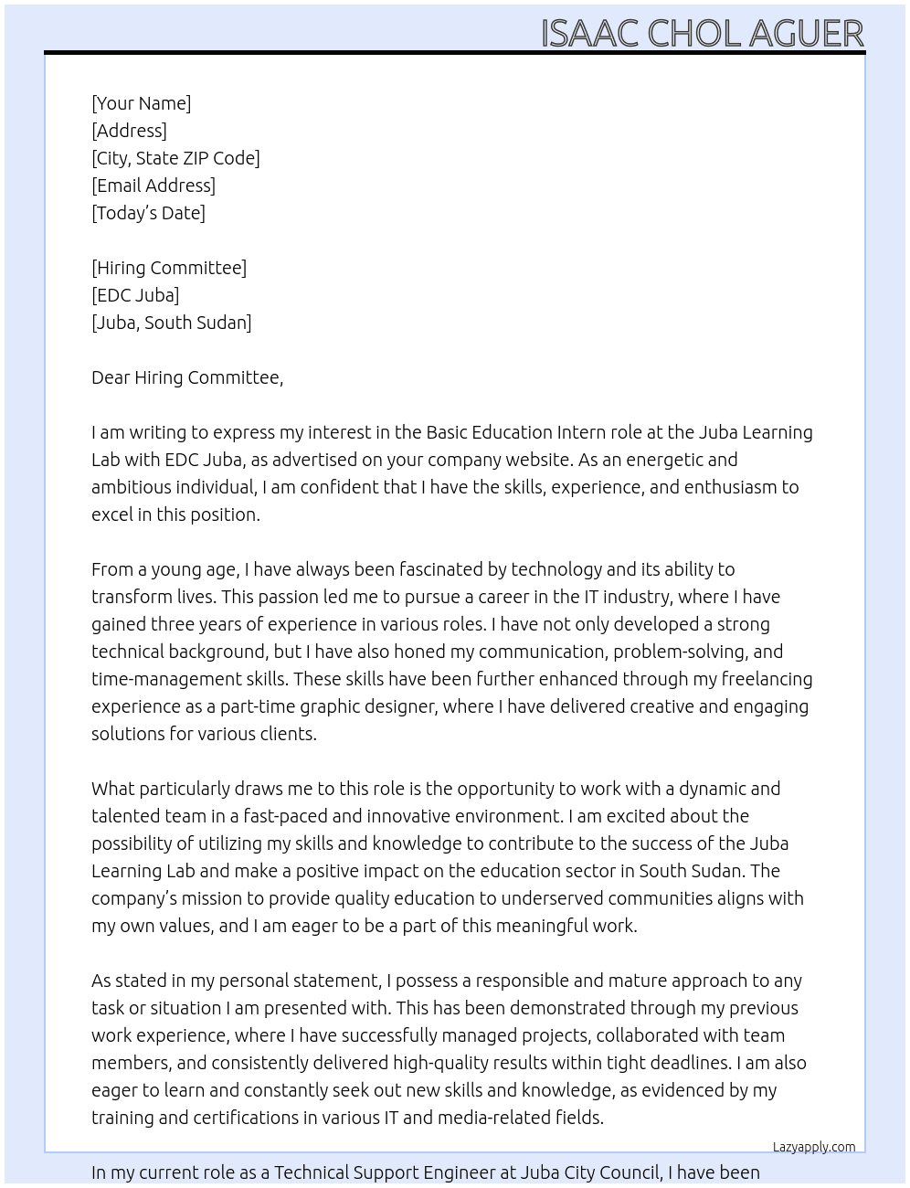 Basic Education Intern - Juba Learning Lab At EDC Juba, South Sudan Cover Letter