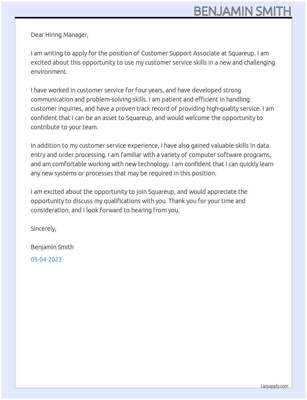 Customer Support Associate At Squareup Cover Letter