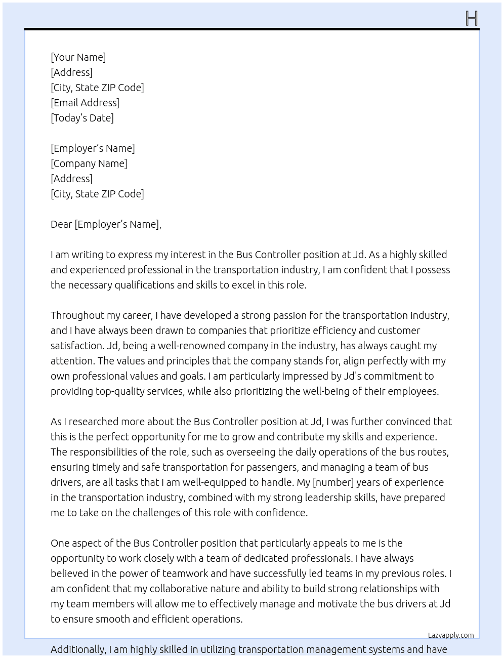 Bus controller  At Jd Cover Letter