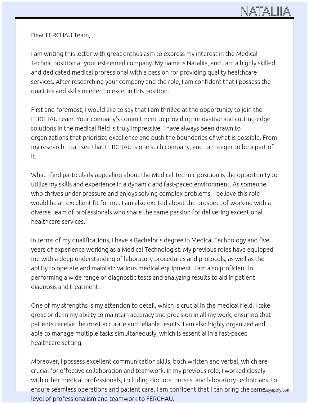 Medical technic  At FERCHAU Cover Letter