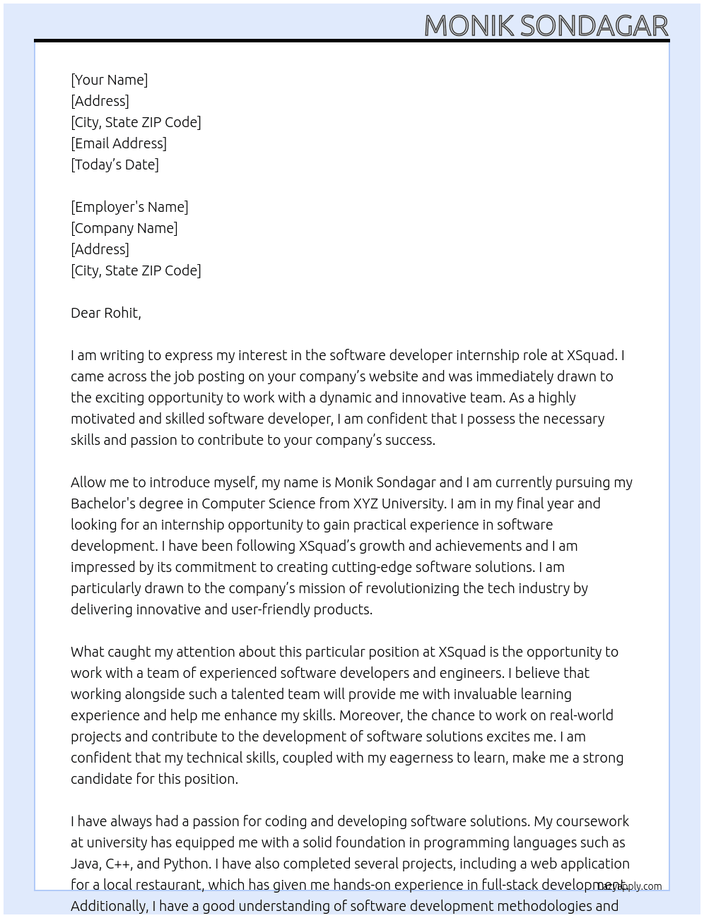 software developer  At xsquad Cover Letter