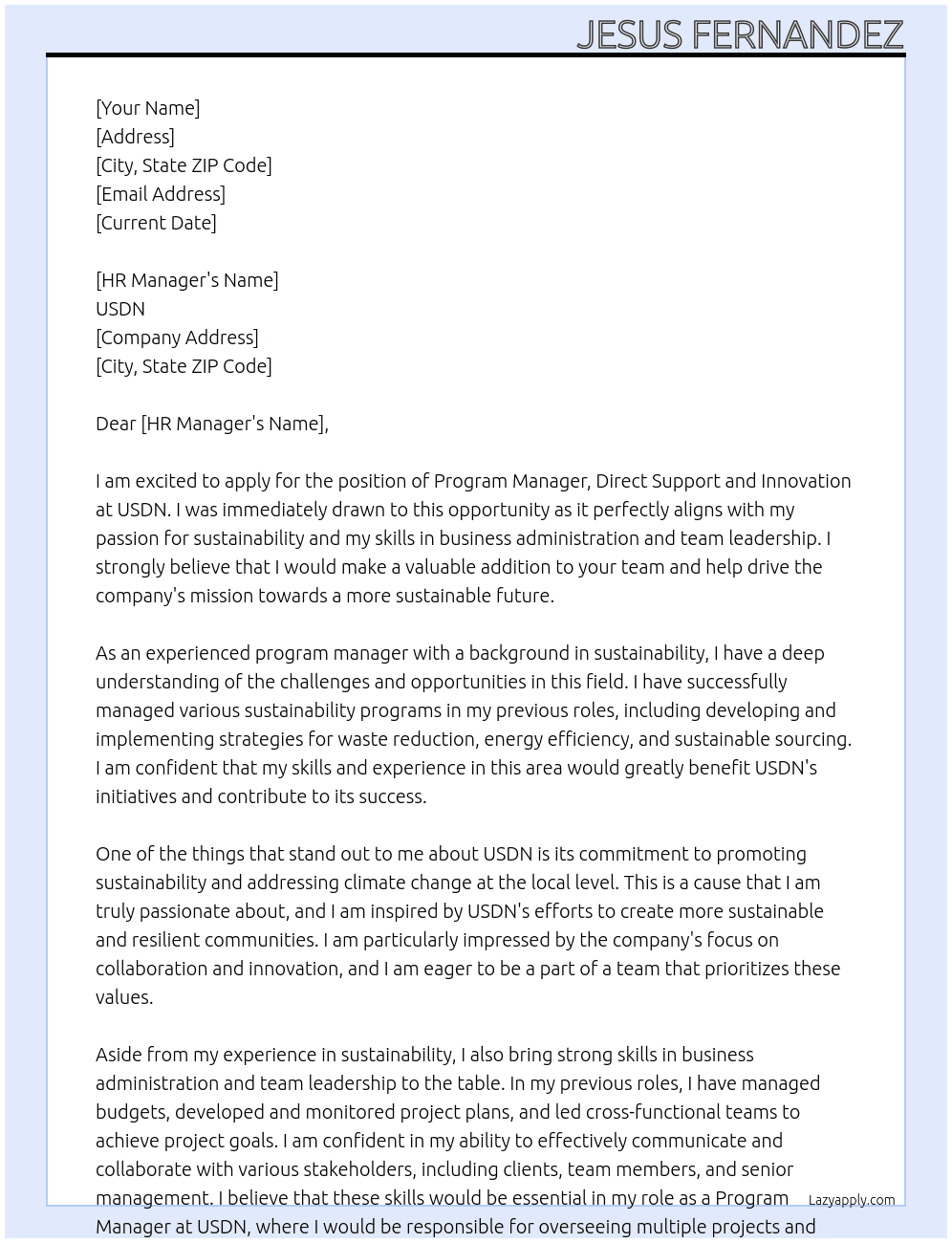 Program Manager, Direct Support and Innovation At USDN Cover Letter