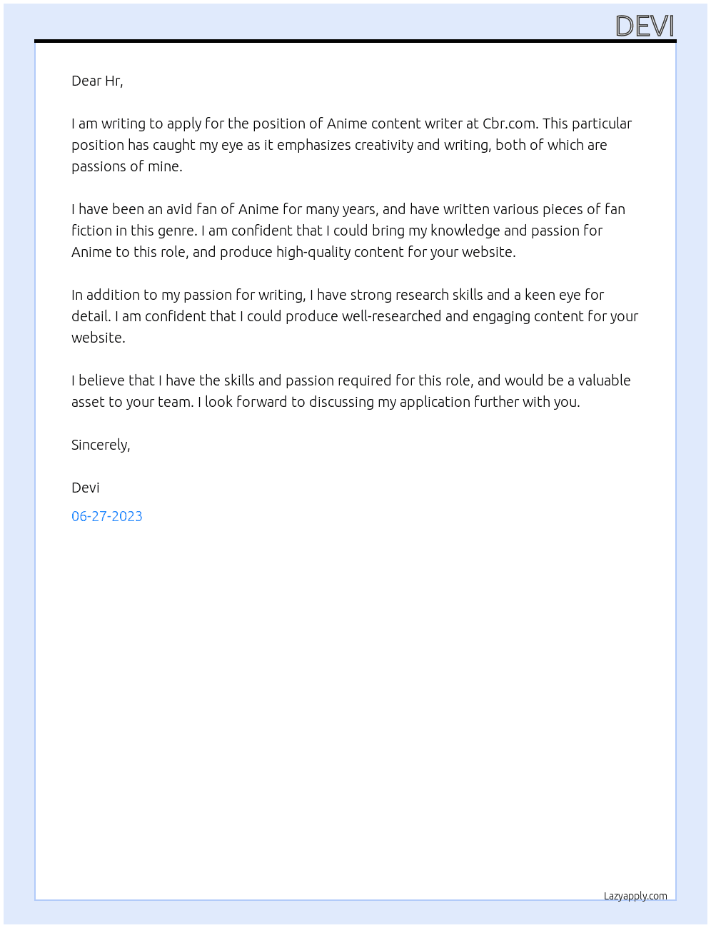 Anime content writer At Cbr.com Cover Letter