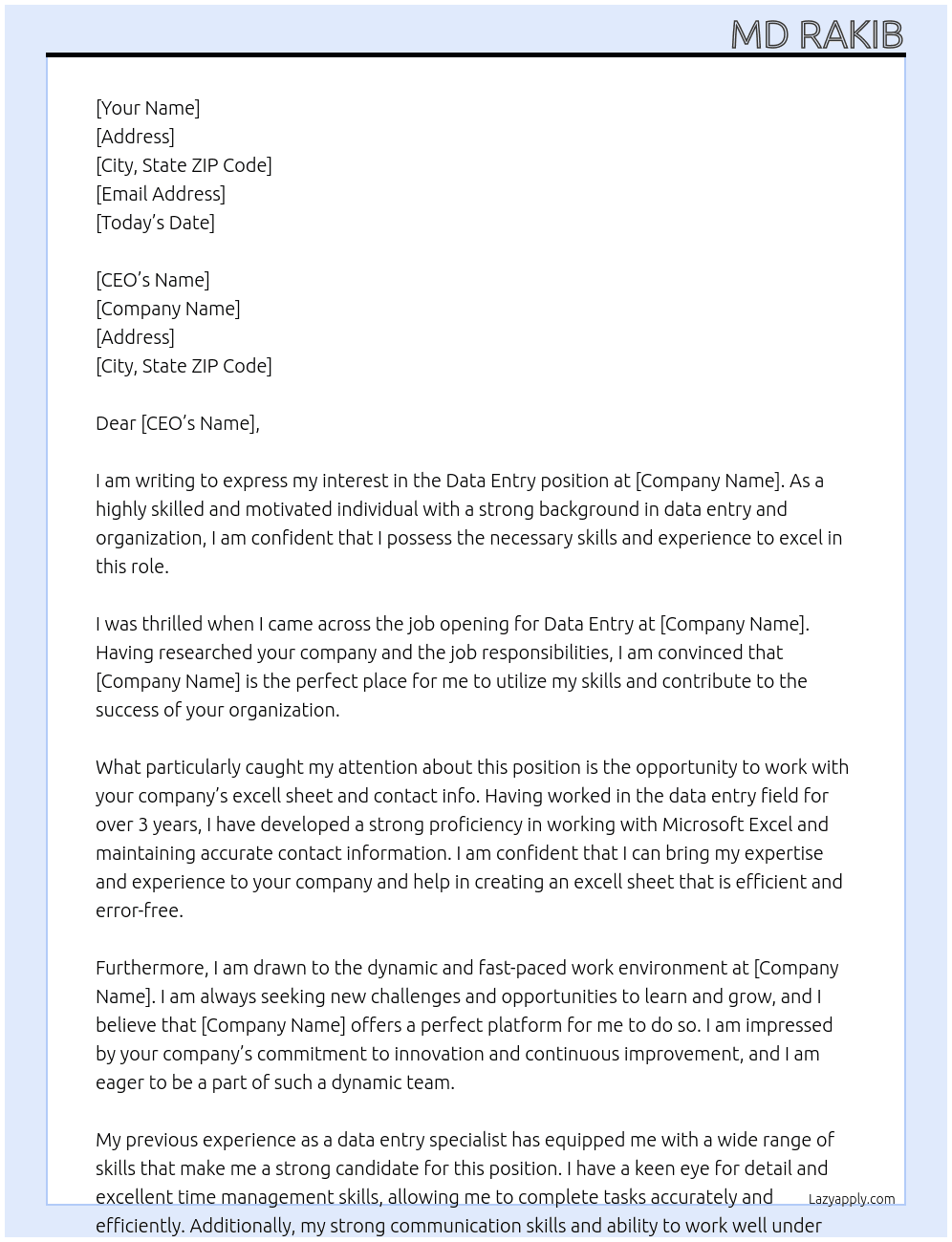 Data Entry At Create an Excell Sheet with Contact Info Cover Letter
