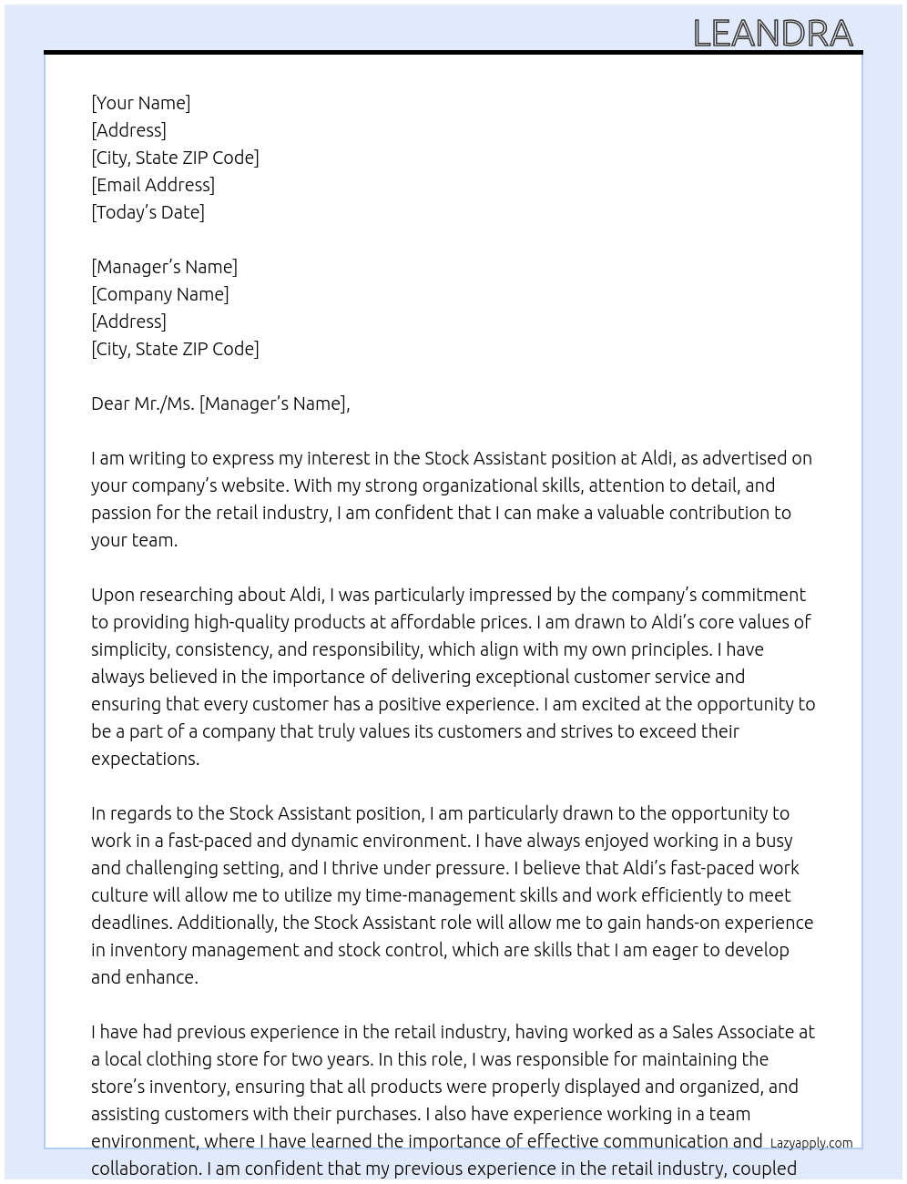 stock assistant At Aldi Cover Letter