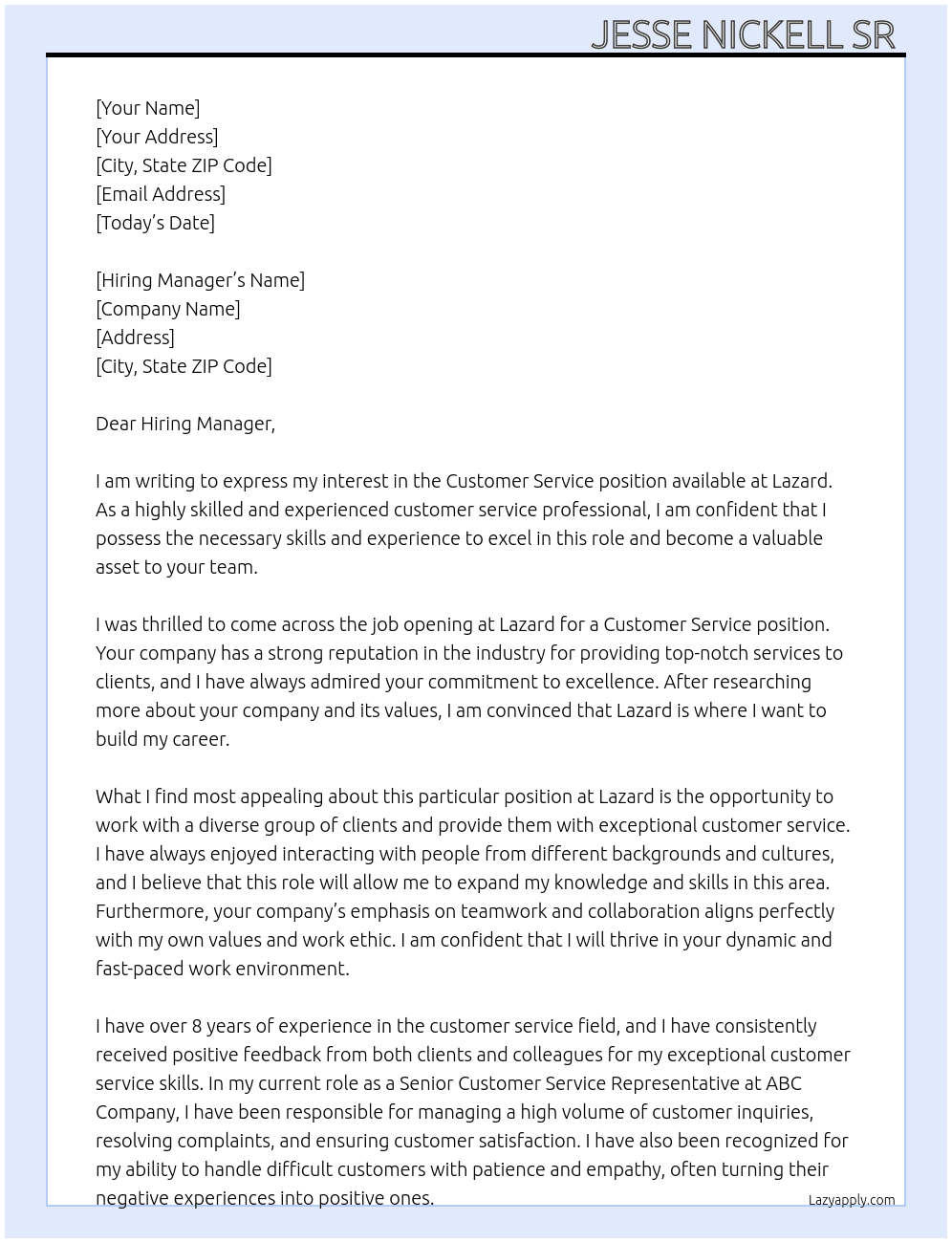 Customer service  At Lazard Cover Letter