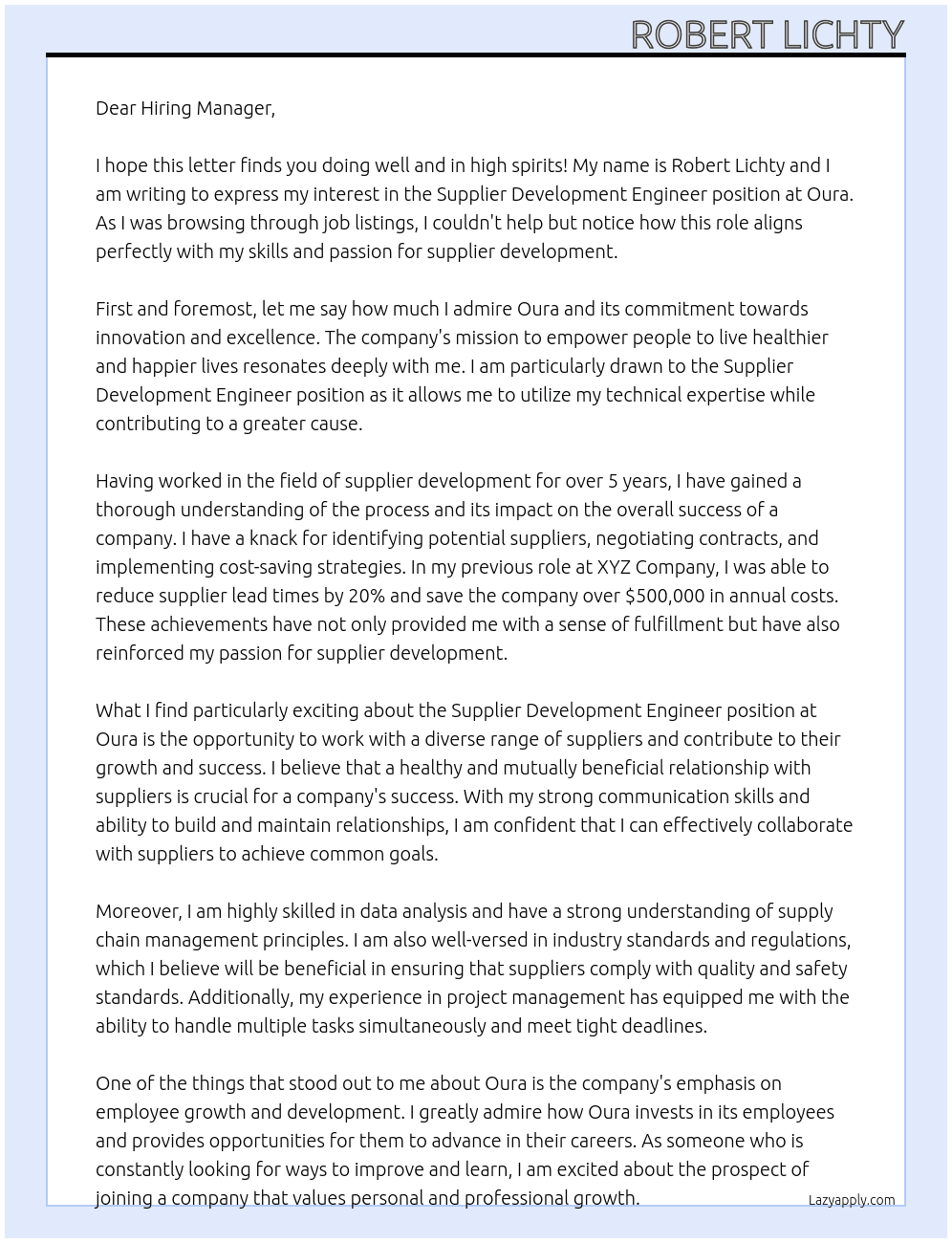 Supplier Development Engineer At Oura Cover Letter
