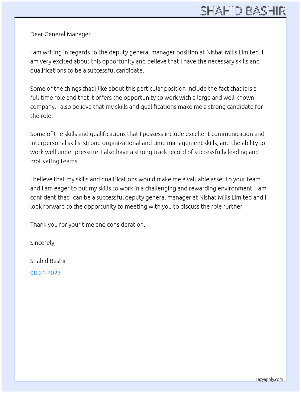 deputy general manager At Nishat Mills Limited Cover Letter