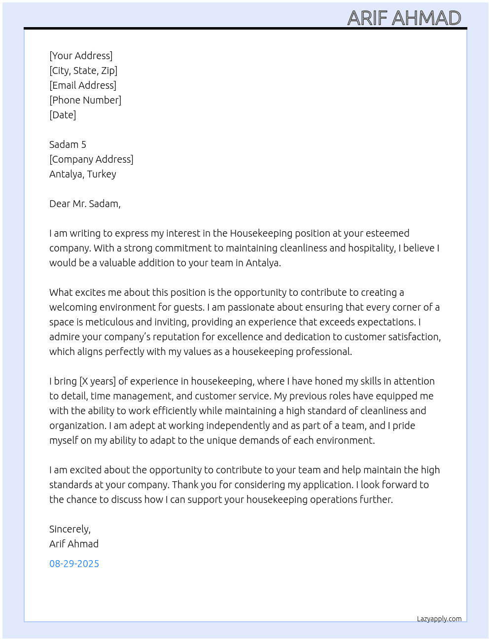 Housekeeping At Antalya, Turkey Cover Letter