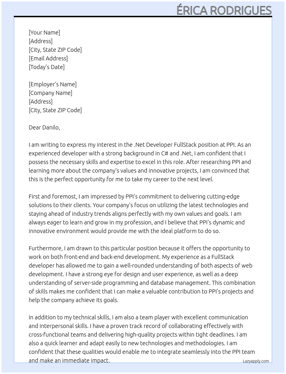 .Net Developer FullStack At PPI Cover Letter