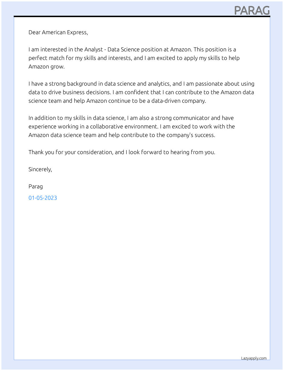 Analyst - Data Science At Amazon  Cover Letter