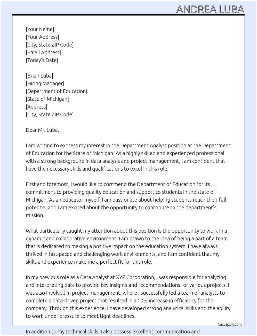 Department Analyst  At Department of Education state of michigan Cover Letter