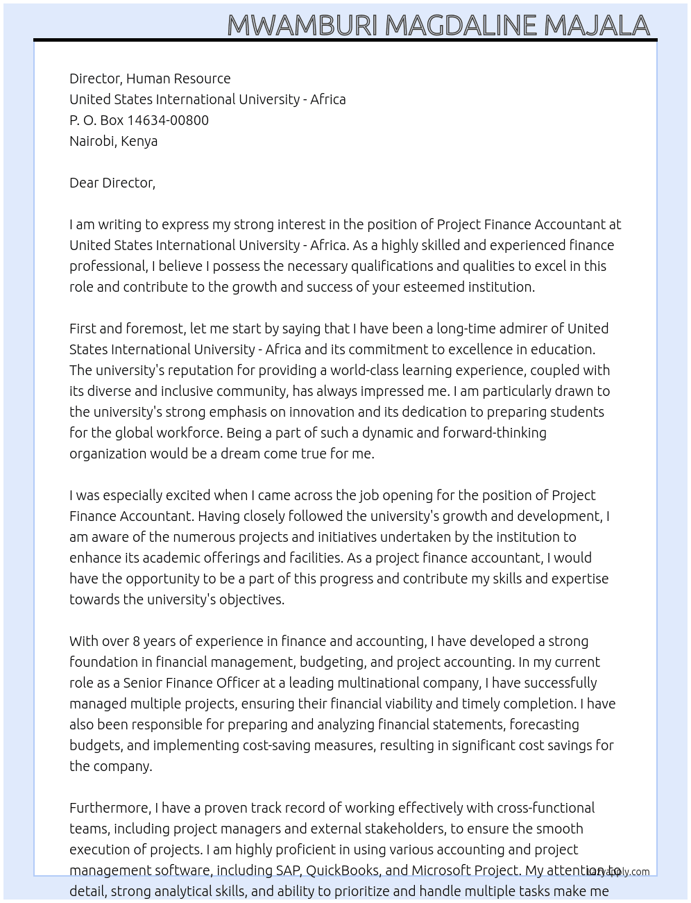 project finance accountant At United States International University  Cover Letter