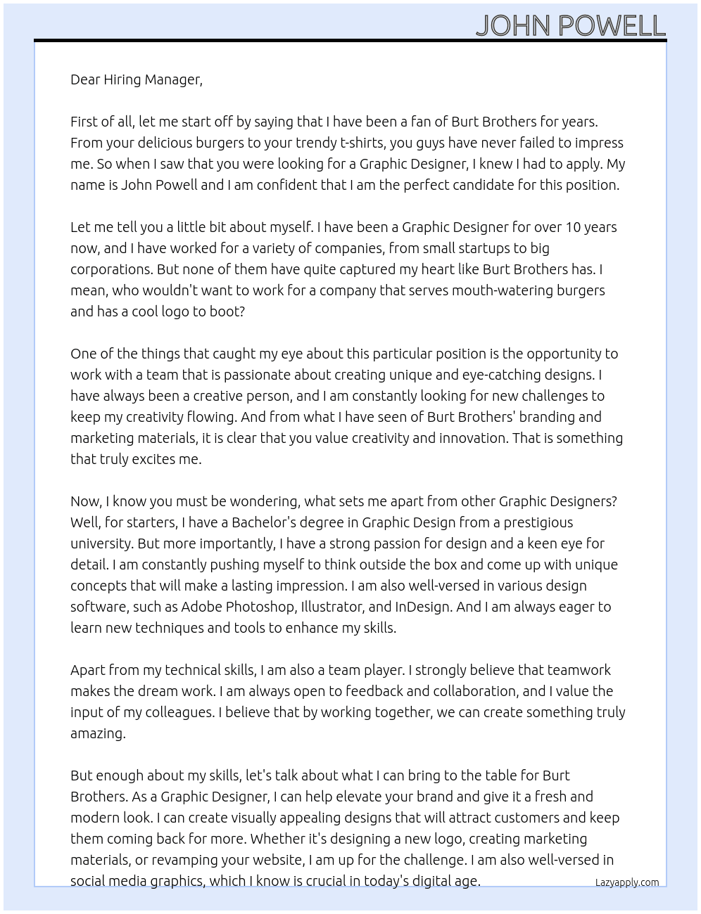 Graphi Desigenr At Burt Brothers Cover Letter