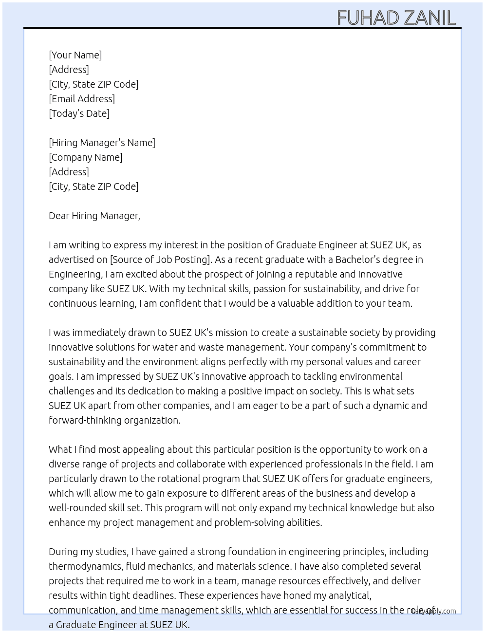 Graduate Engineer  At SUEZ UK Cover Letter
