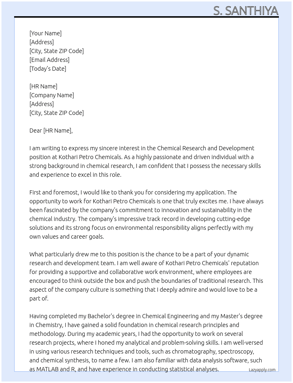 chemical research and development  At kothari petro chemicals  Cover Letter