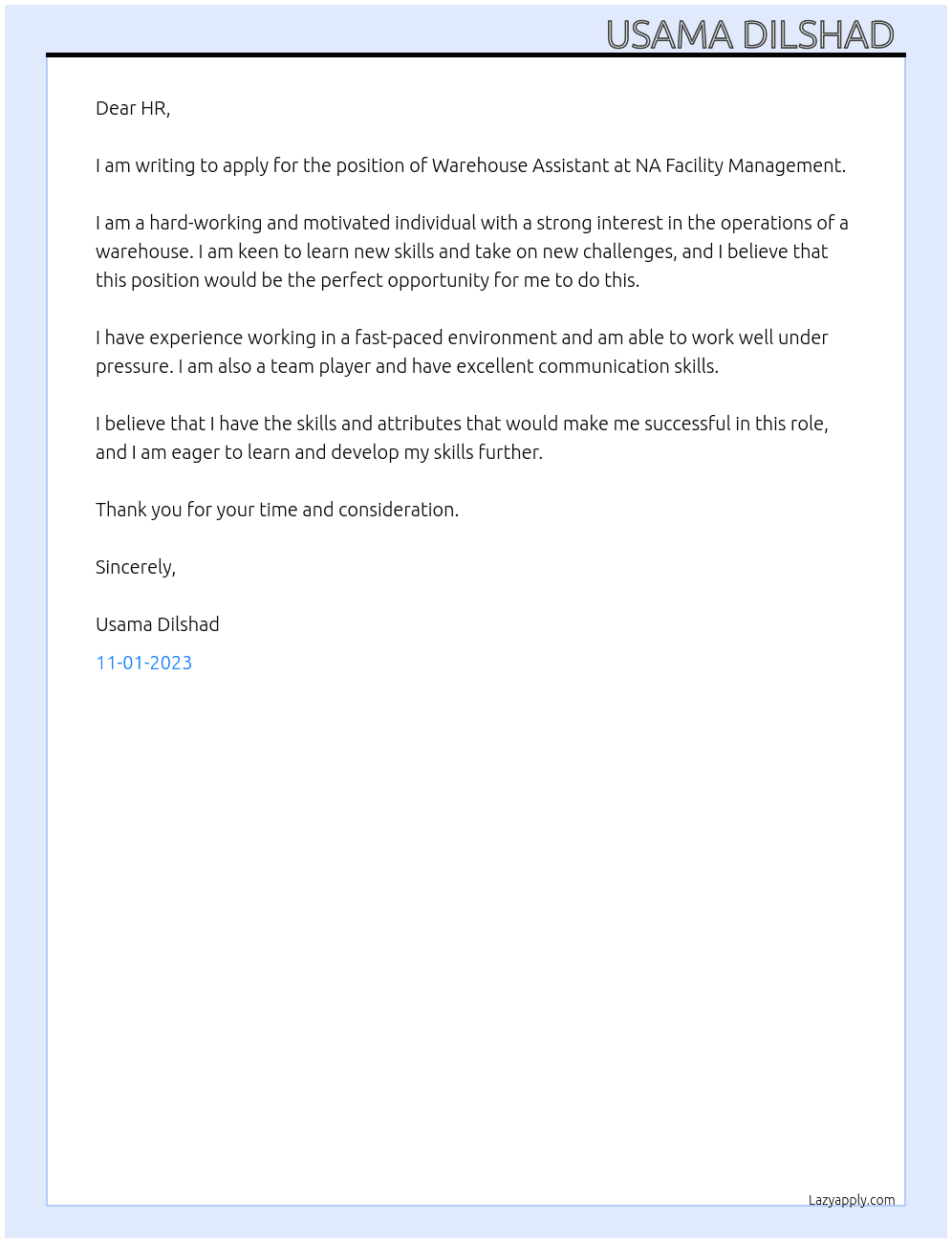 Warehouse Assistant  At NA Facility Management  Cover Letter