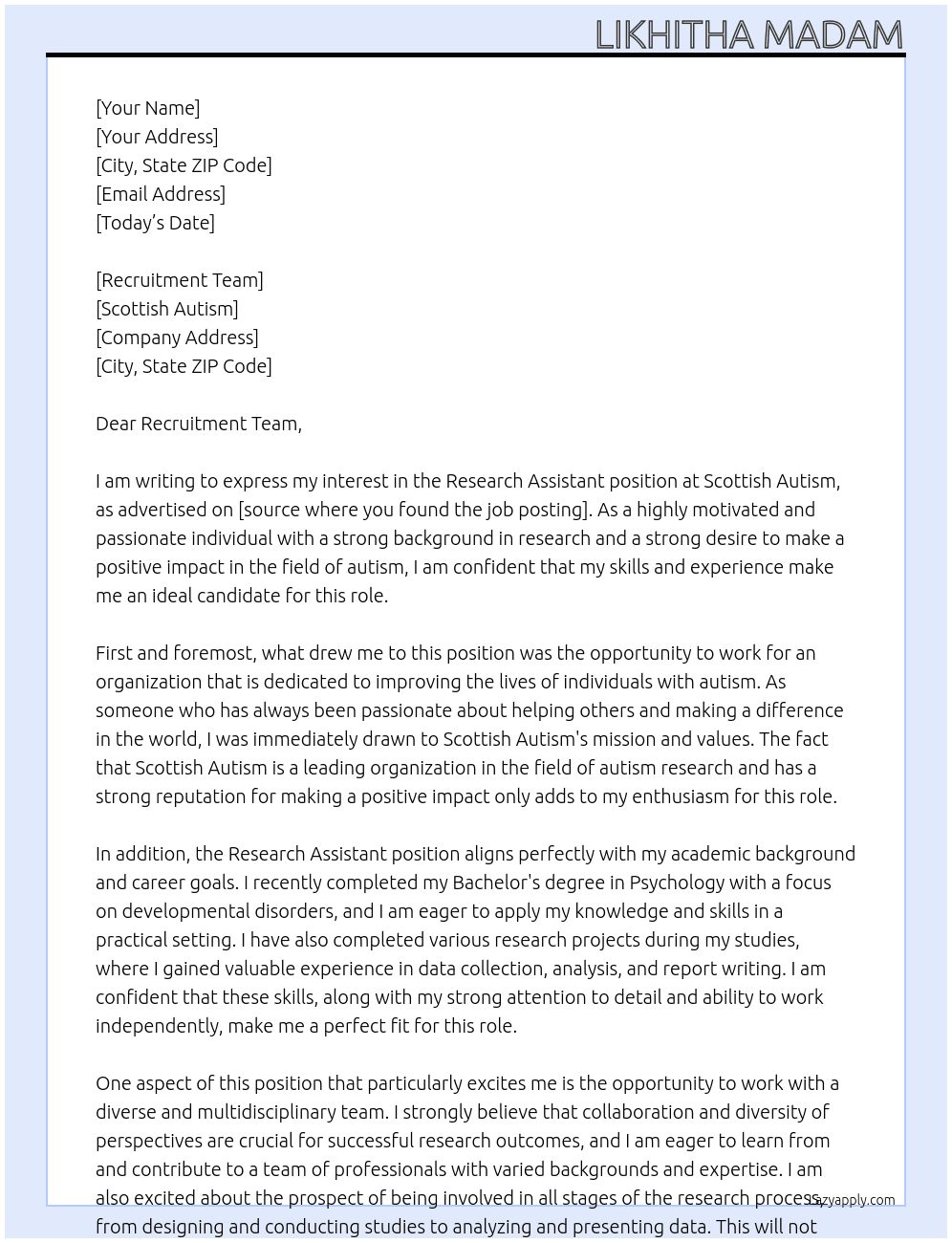 research assistant At scottish autism Cover Letter