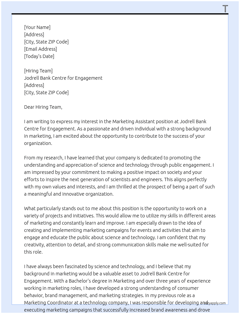 Marketing Assistant At Jodrell Bank Centre for Engagement  Cover Letter