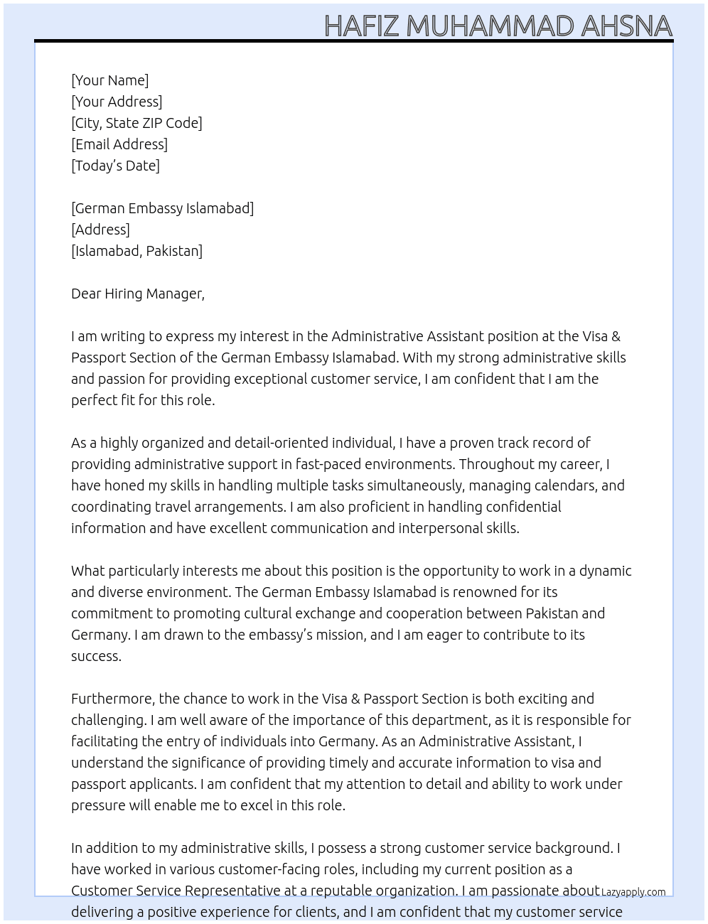 Administrative Assistant at Visa & Passport Section At German Embassy Islamabad Cover Letter