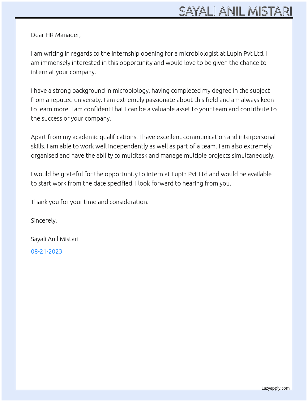 Looking for Intership For Microbiologist At Lupin Pvt Ltd Cover Letter