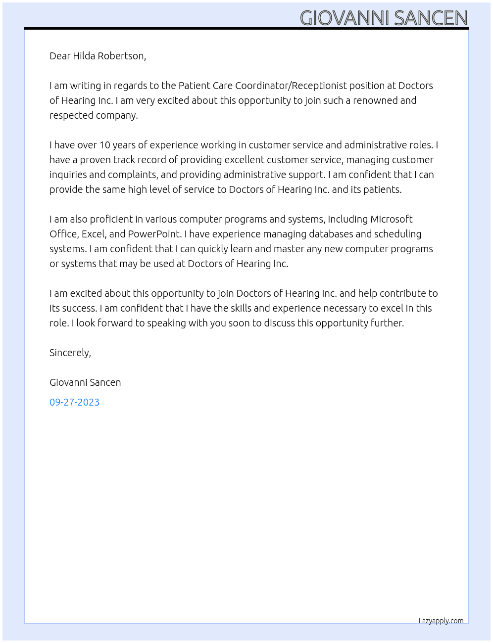Patient Care Coordinator/ Receptionist  At Doctors of Hearing Inc.  Cover Letter