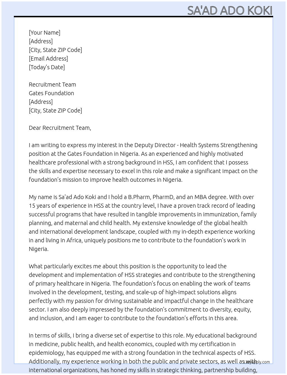Deputy Director - Health Systems Strengthening, Nigeria At Gates Foundation Cover Letter