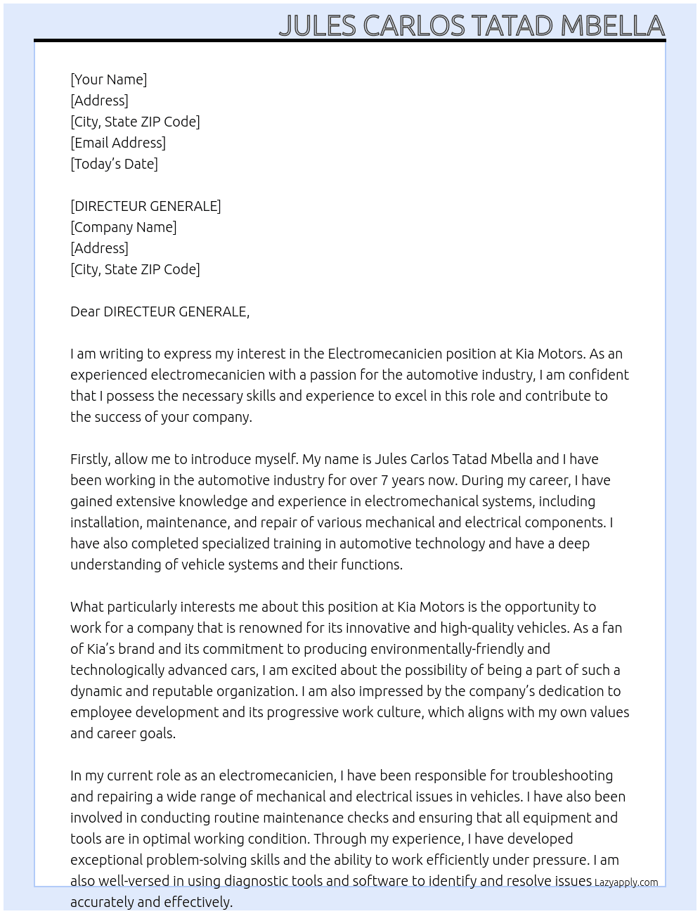 ELECTROMECANICIEN At KIA MOTORS Cover Letter