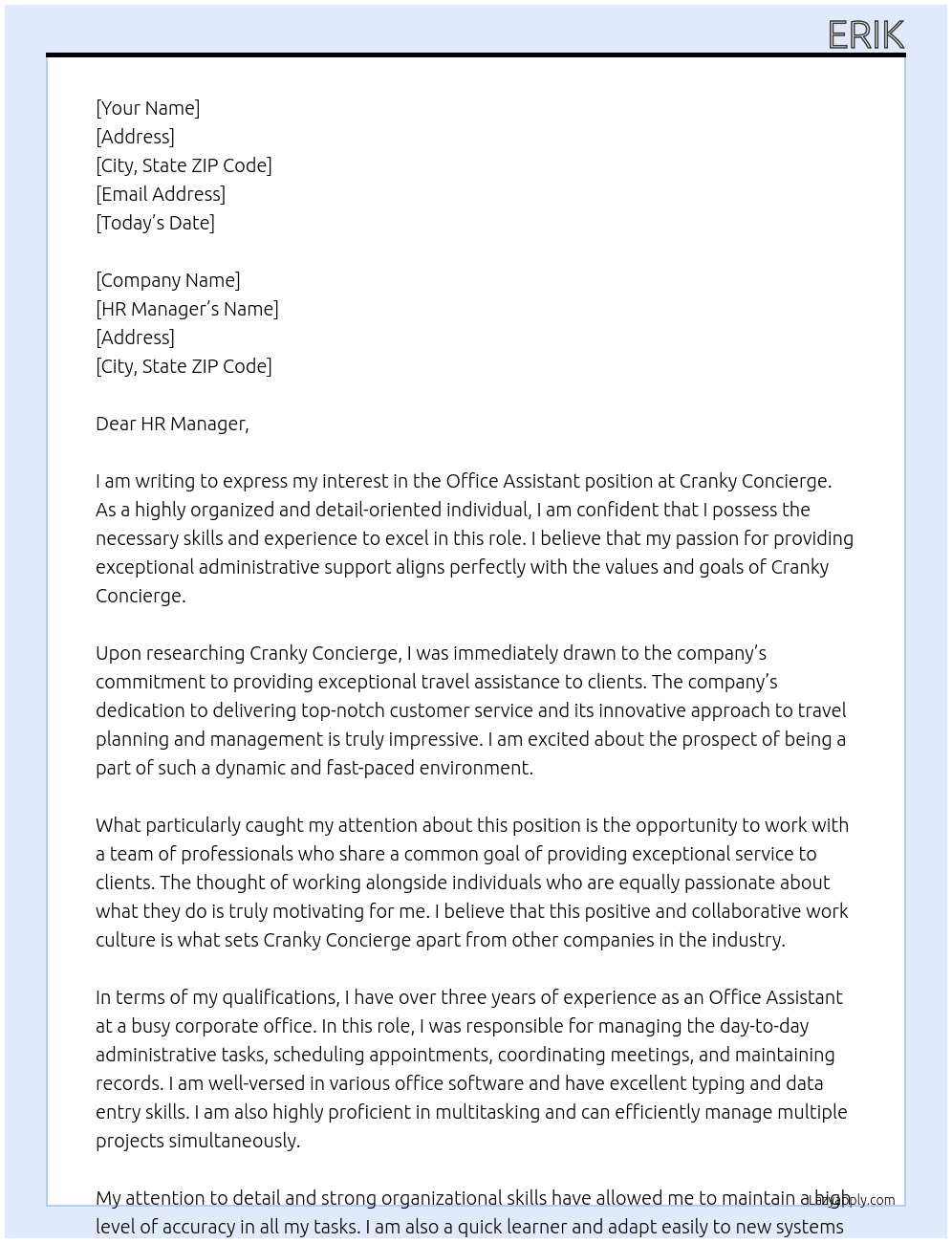 Office Assistant At Cranky Concierge Cover Letter