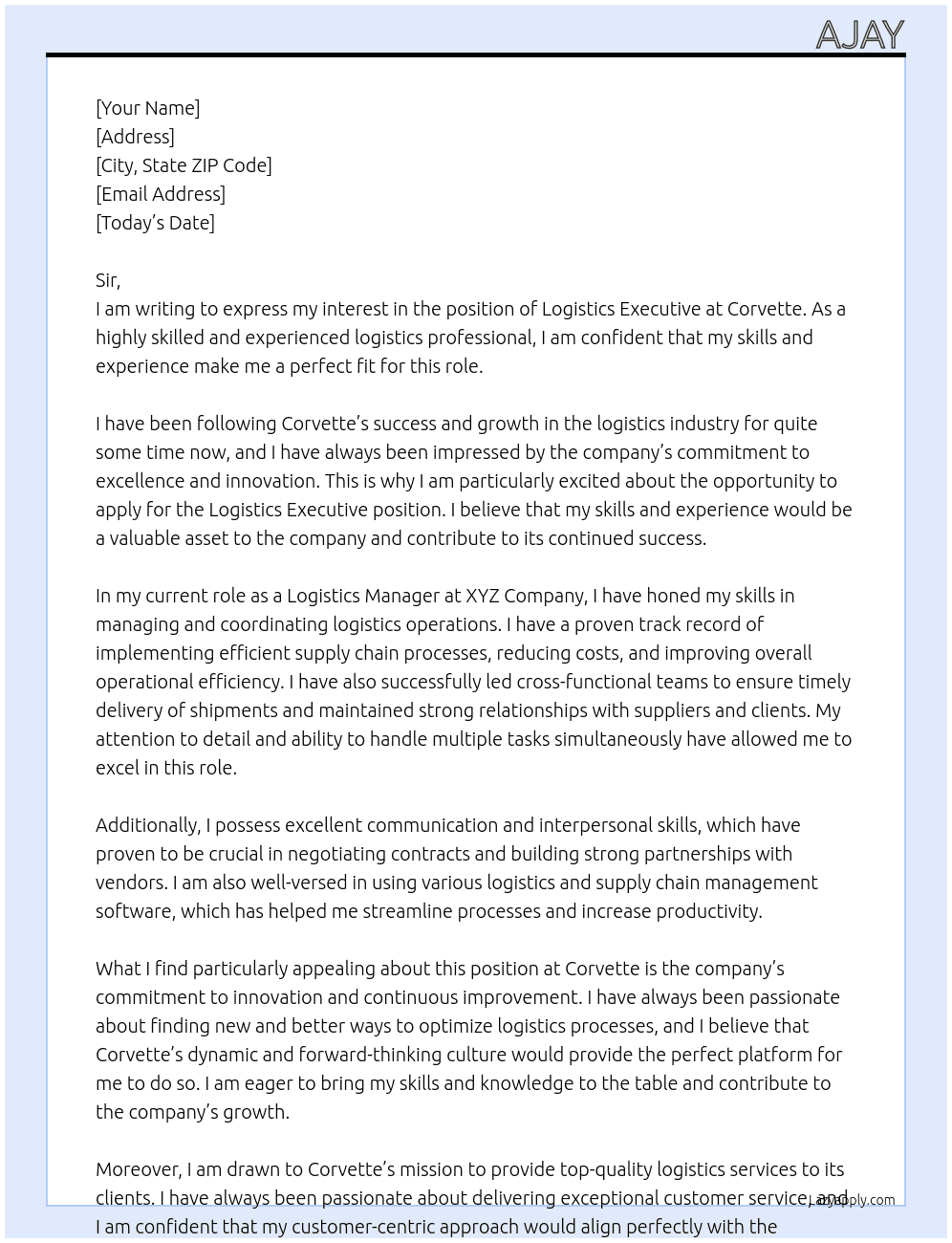 Logistics executive  At Corvette Cover Letter