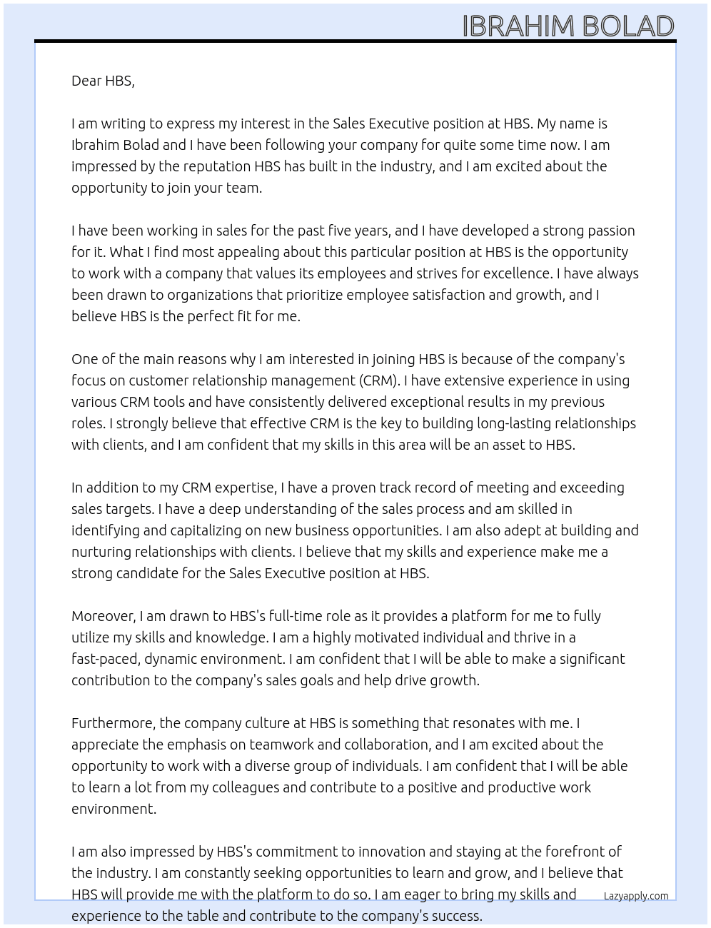 Sales executive At HBS Cover Letter